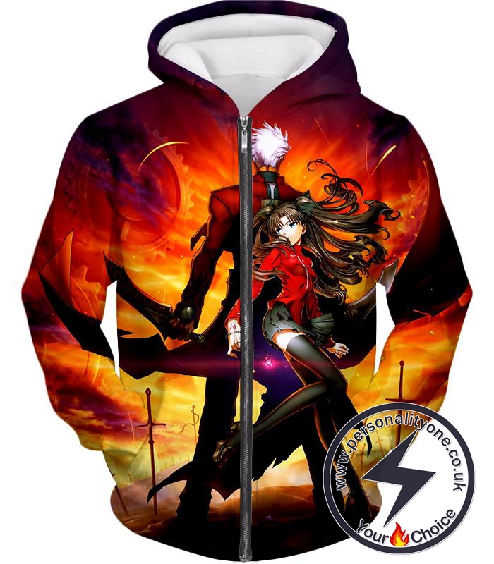 Fate Stay Night Cool Rin Tohsaka and Archer Action Zip Up Hoodie